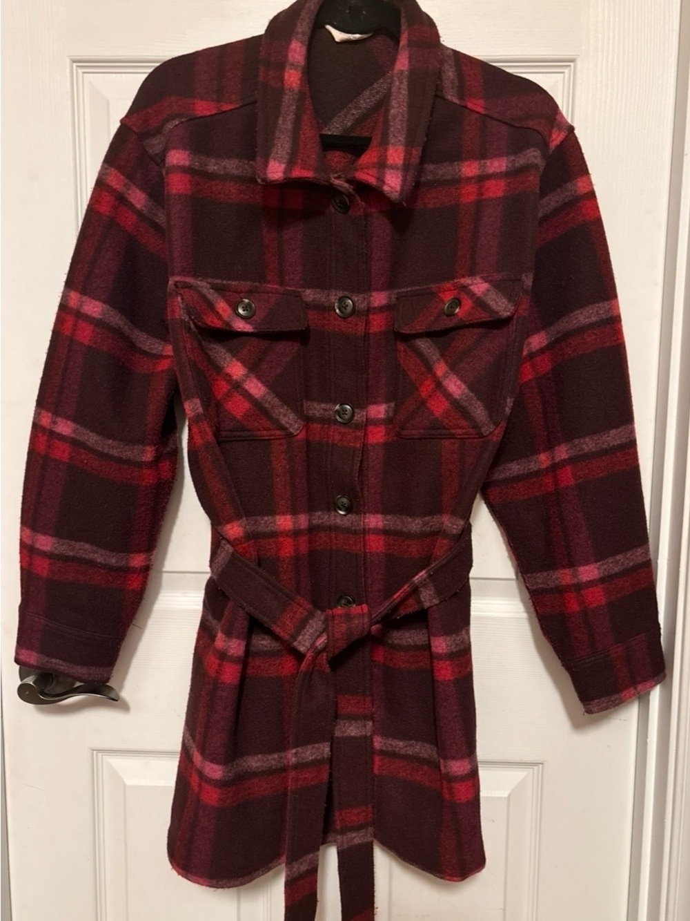 Terra & Sky Like New 1XL Plaid Belted Shacket Burgundy Pink Plum Wine